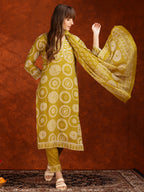 Embroidered & Printed Cotton Kurta With Pant And Dupatta, Yellow - Hiral Fashion | Grocsy