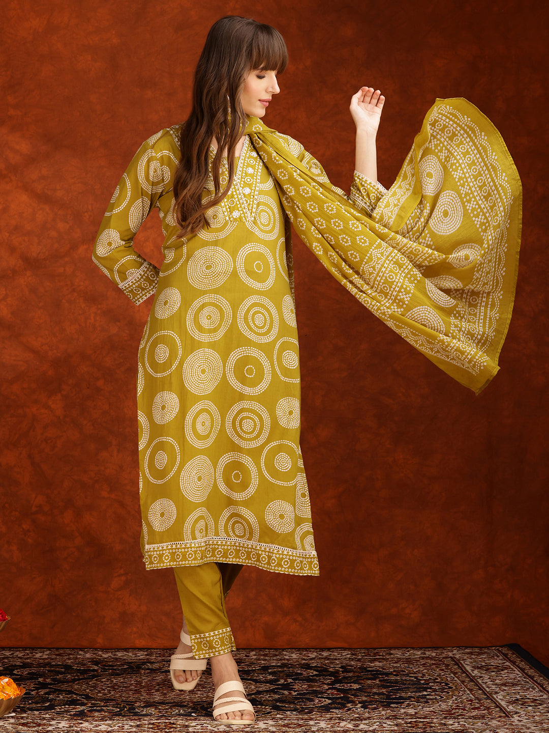 Embroidered & Printed Cotton Kurta With Pant And Dupatta, Yellow - Hiral Fashion | Grocsy