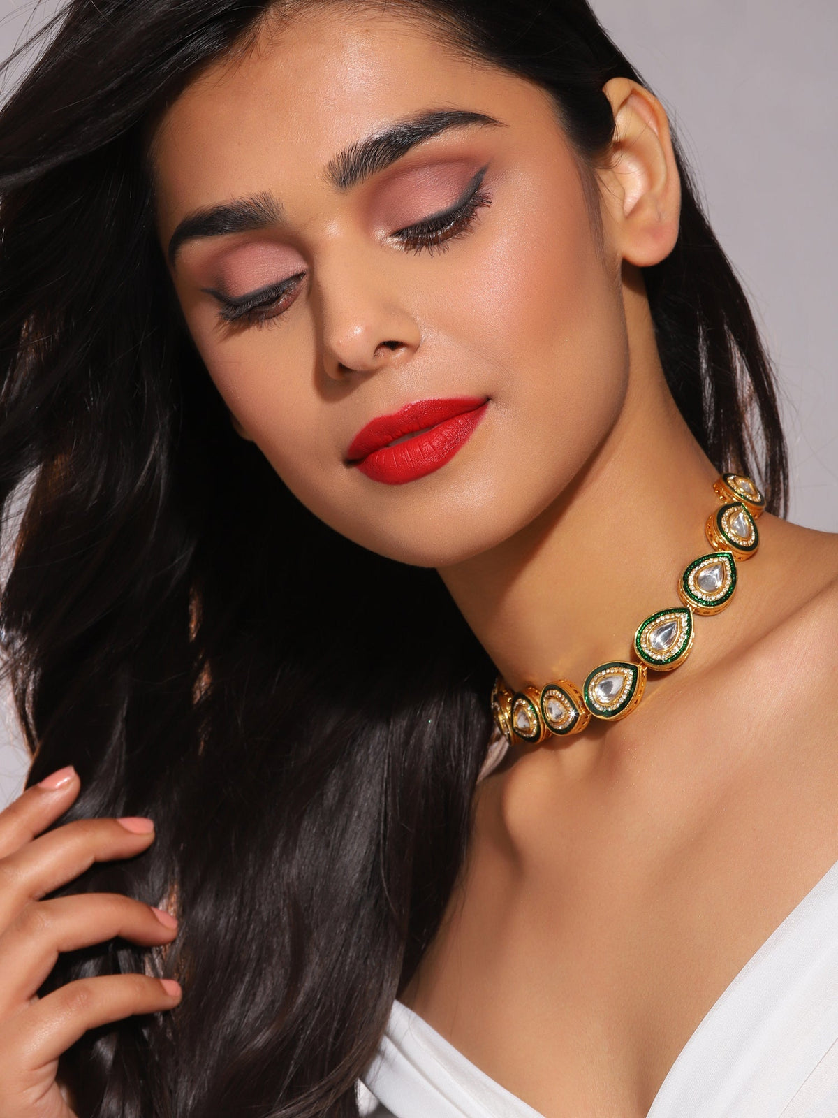 Green White Brass Gold-Polished Necklace - Ruby Raang | Grocsy