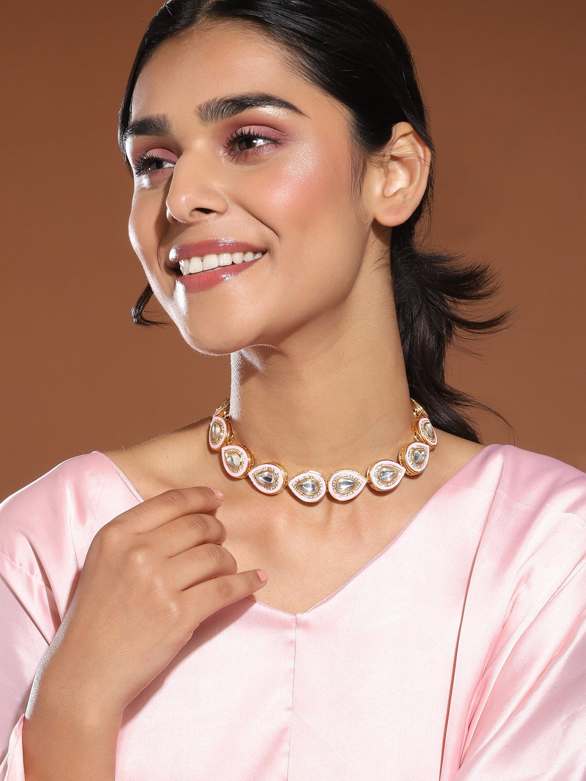 Pink Brass Gold-Polished Kundan Necklace - Ruby Raang | Grocsy