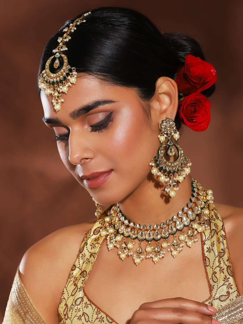 Gold-Polished Green Kundan-Studded Pearl Beaded Jewellery Set - Ruby Raang | Grocsy