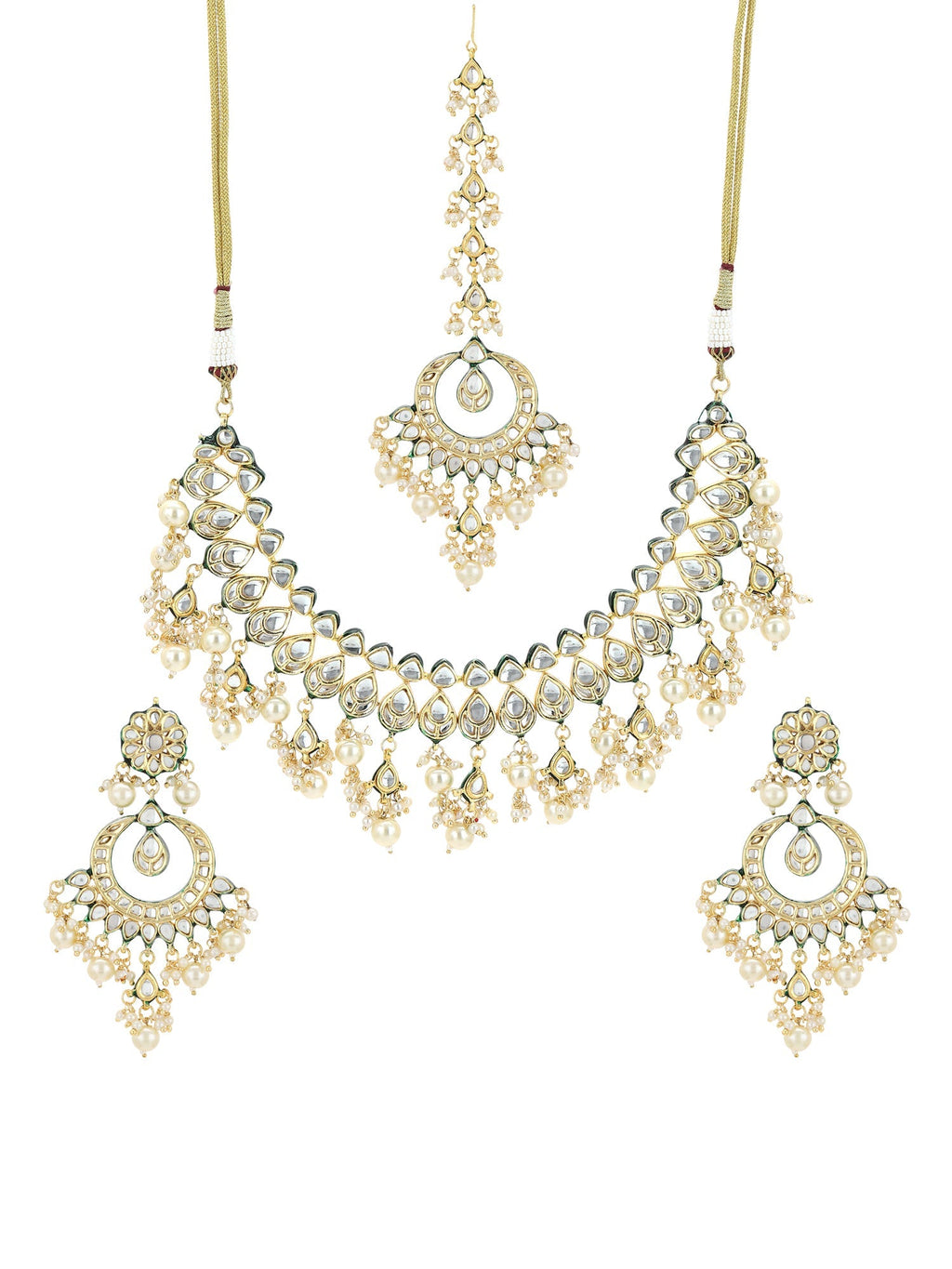 Gold-Polished Green Kundan-Studded Pearl Beaded Jewellery Set - Ruby Raang | Grocsy