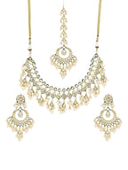 Gold-Polished Green Kundan-Studded Pearl Beaded Jewellery Set - Ruby Raang | Grocsy