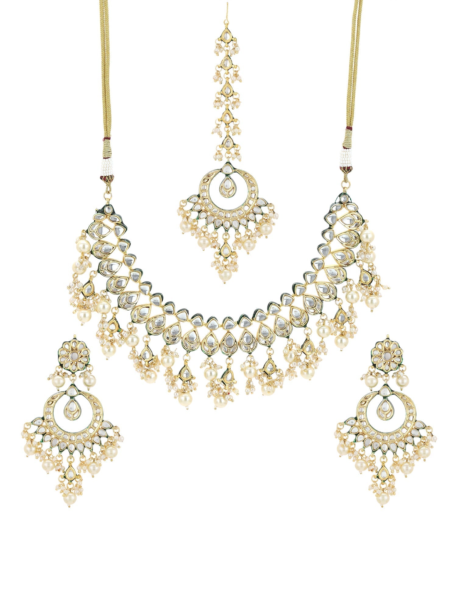 Gold-Polished Green Kundan-Studded Pearl Beaded Jewellery Set - Ruby Raang | Grocsy