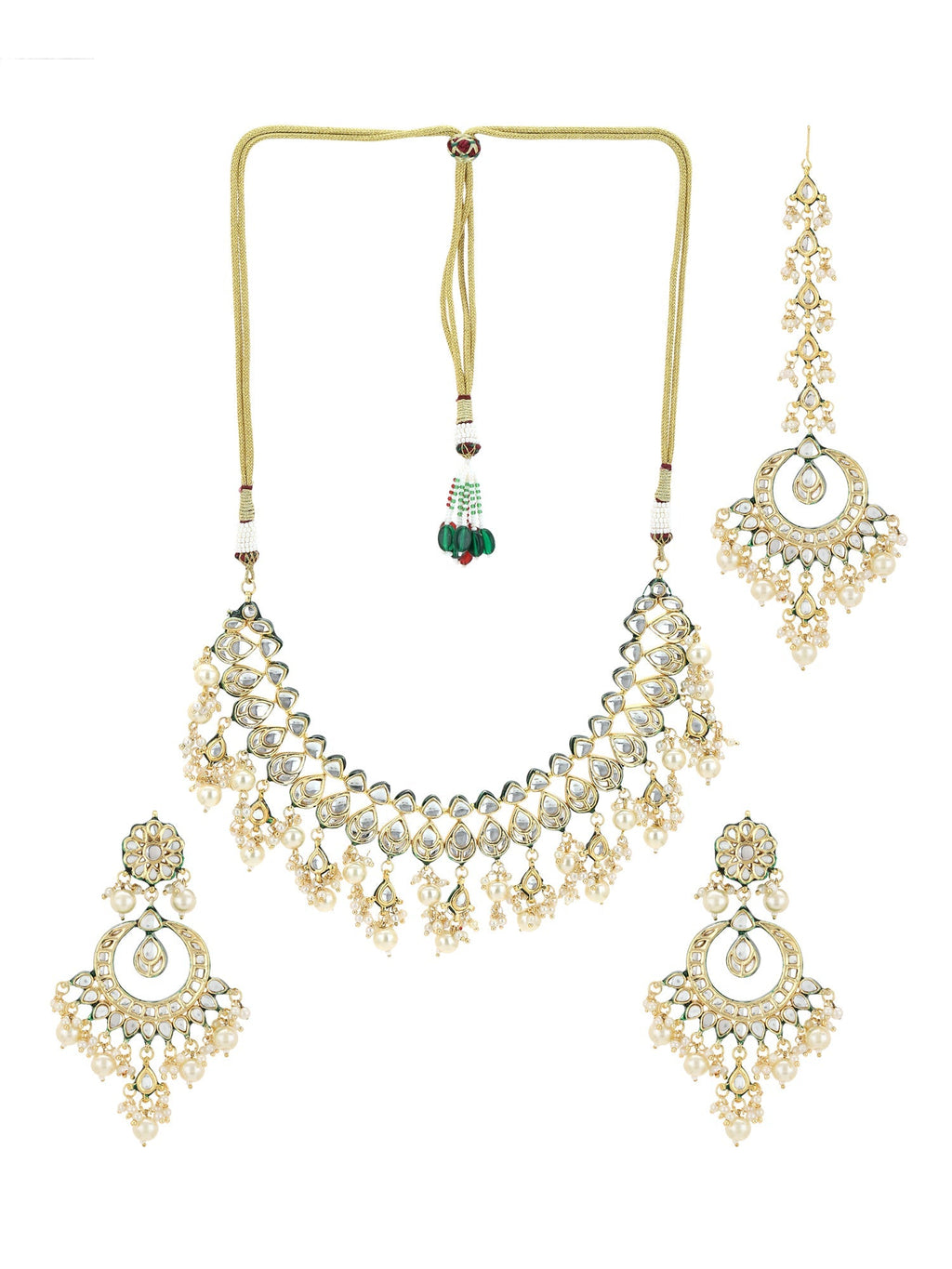 Gold-Polished Green Kundan-Studded Pearl Beaded Jewellery Set - Ruby Raang | Grocsy