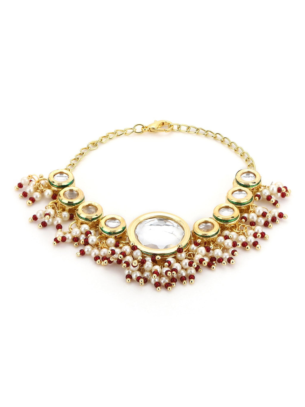 Women's Gold-Toned White Brass Kundan Gold-Polished Wraparound Bracelet - Ruby Raang