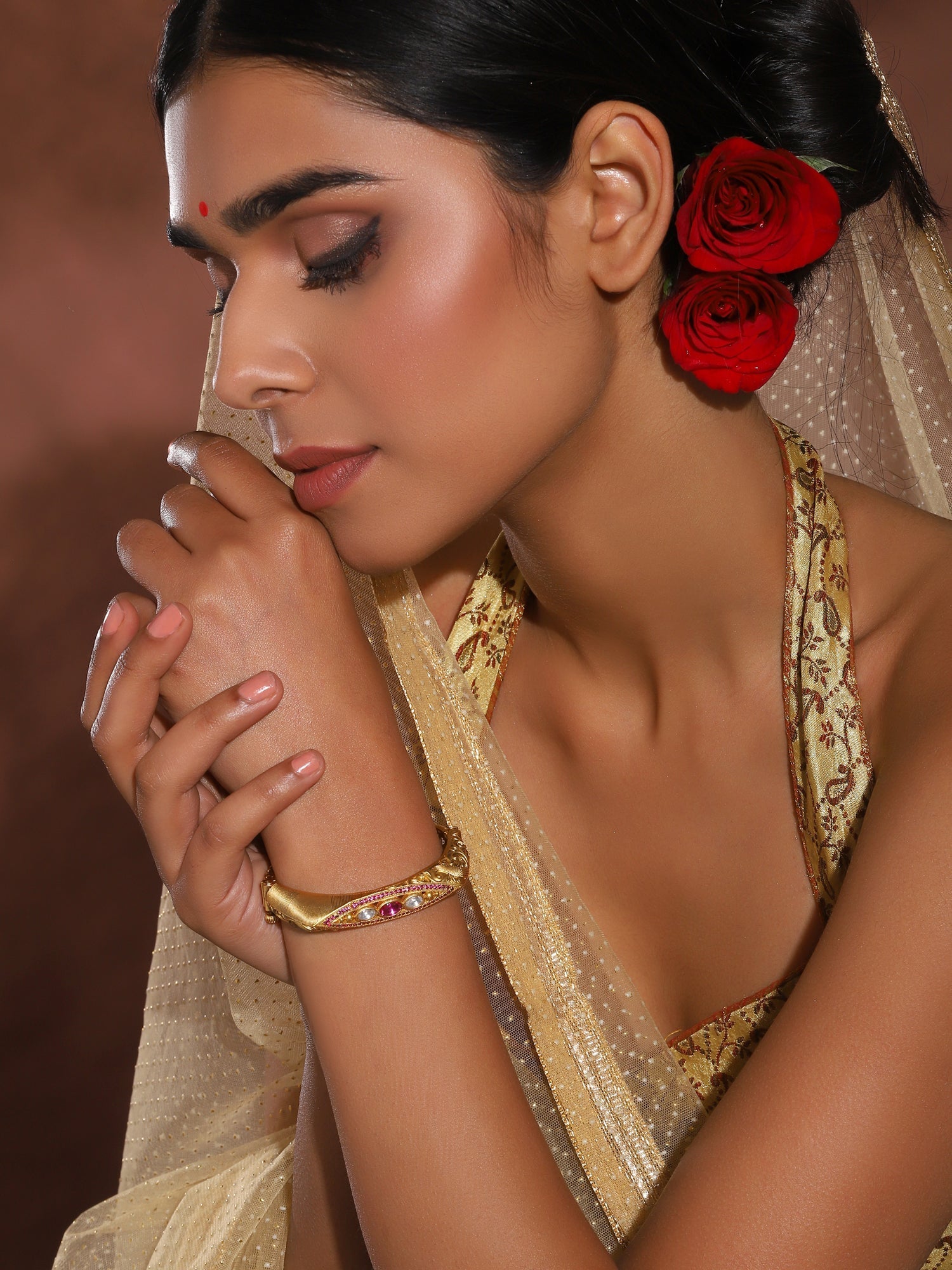 Women's Gold-Toned Pink Brass Kundan Handcrafted Gold-Polished Kada Bracelet - Ruby Raang | Grocsy
