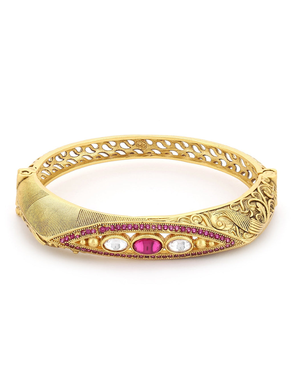 Women's Gold-Toned Pink Brass Kundan Handcrafted Gold-Polished Kada Bracelet - Ruby Raang | Grocsy