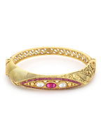 Women's Gold-Toned Pink Brass Kundan Handcrafted Gold-Polished Kada Bracelet - Ruby Raang | Grocsy