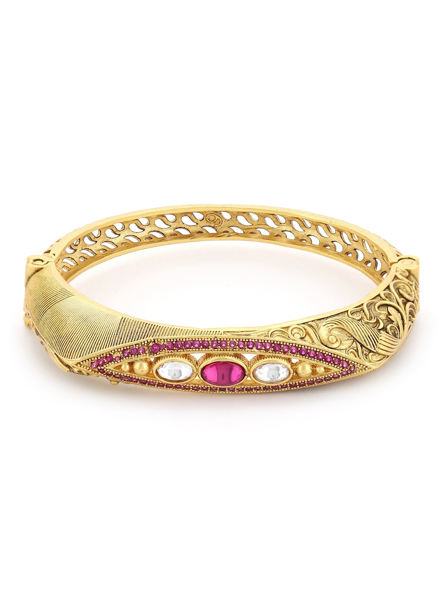 Women's Gold-Toned Pink Brass Kundan Handcrafted Gold-Polished Kada Bracelet - Ruby Raang | Grocsy