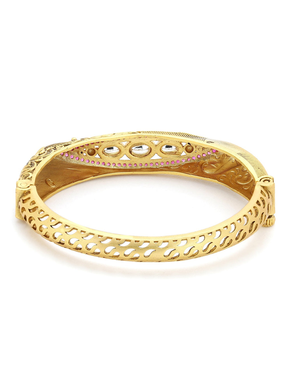 Women's Gold-Toned Pink Brass Kundan Handcrafted Gold-Polished Kada Bracelet - Ruby Raang | Grocsy