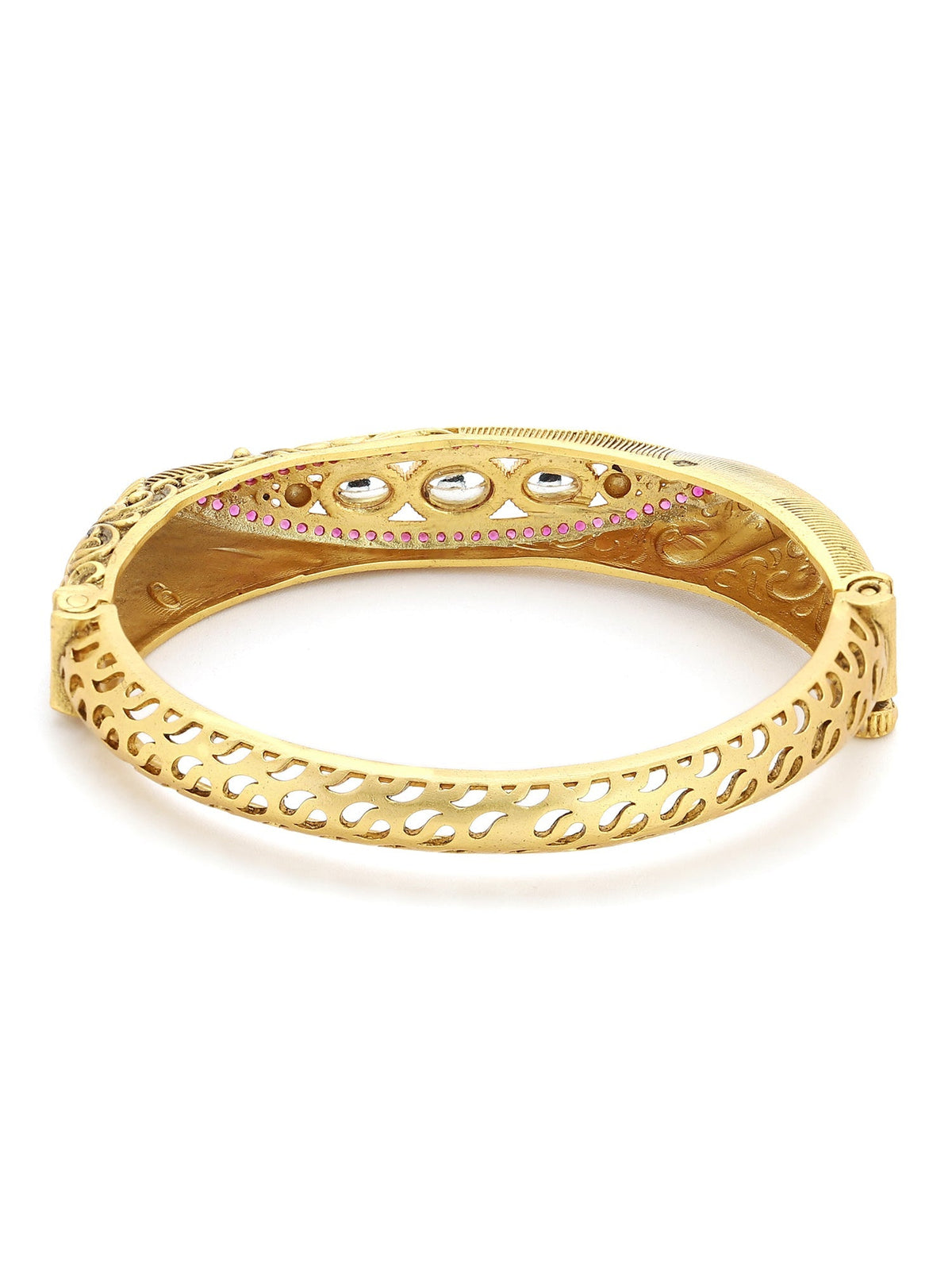 Women's Gold-Toned Pink Brass Kundan Handcrafted Gold-Polished Kada Bracelet - Ruby Raang | Grocsy