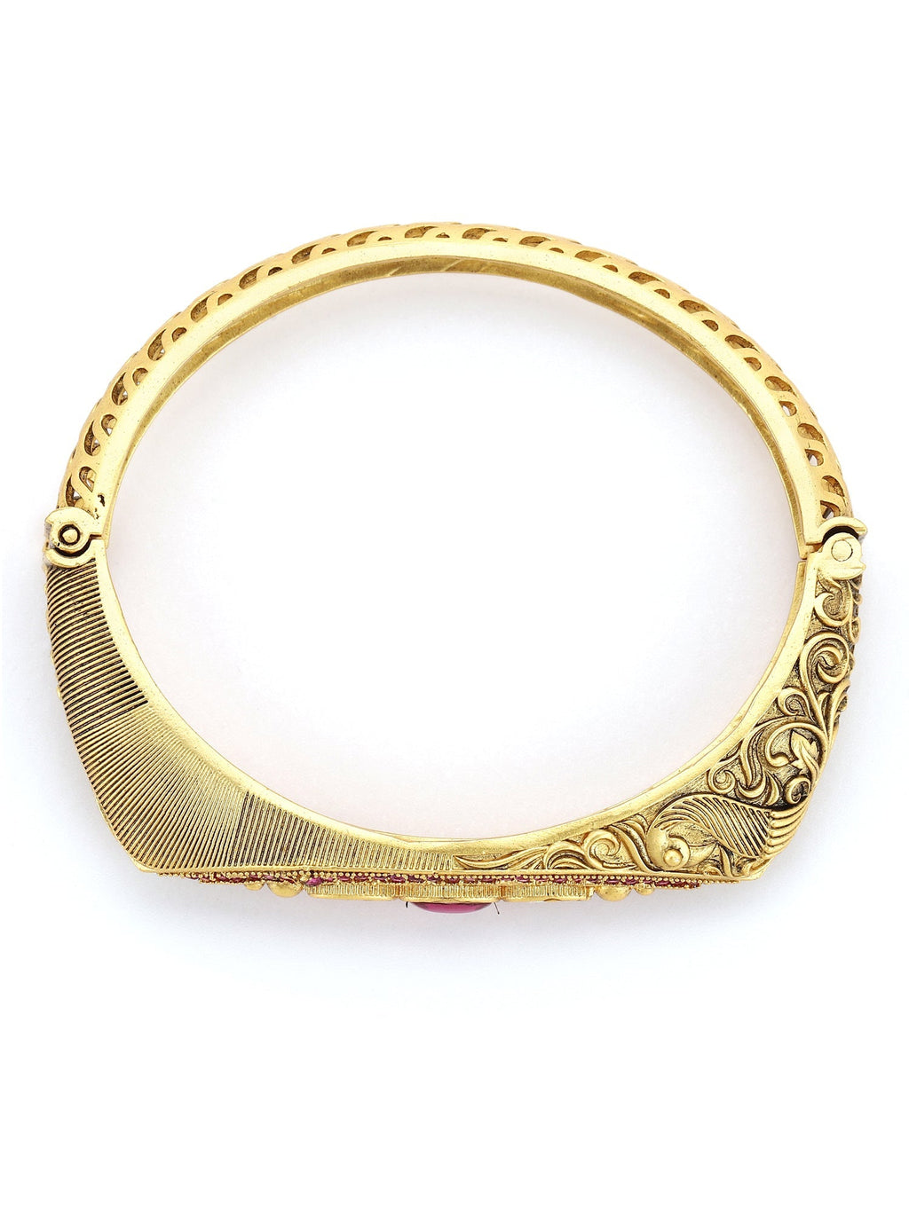 Women's Gold-Toned Pink Brass Kundan Handcrafted Gold-Polished Kada Bracelet - Ruby Raang | Grocsy