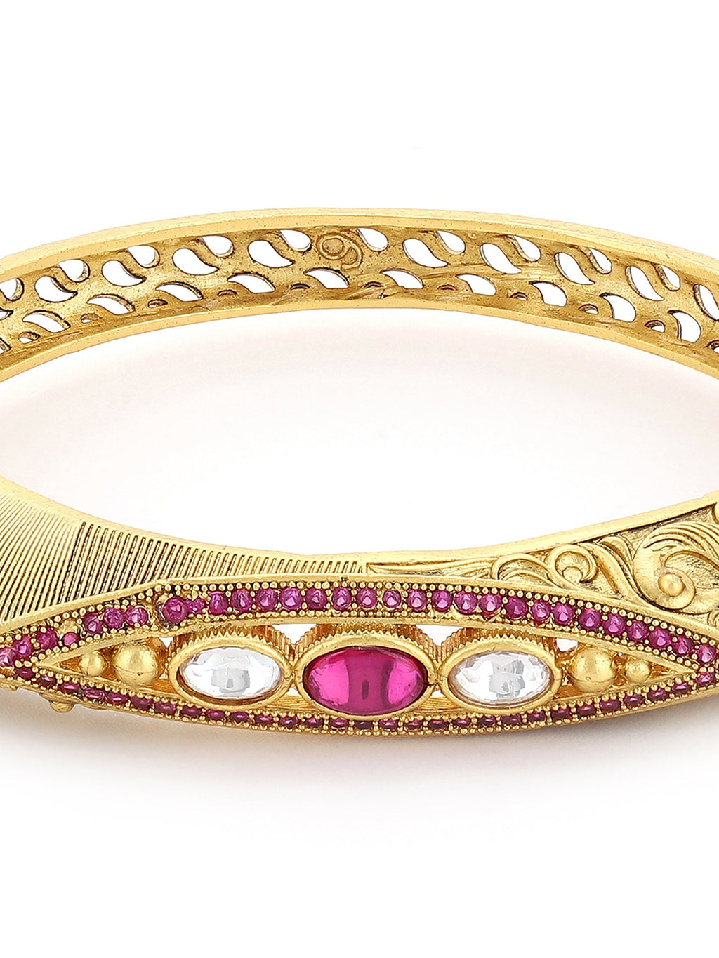Women's Gold-Toned Pink Brass Kundan Handcrafted Gold-Polished Kada Bracelet - Ruby Raang | Grocsy