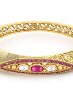 Women's Gold-Toned Pink Brass Kundan Handcrafted Gold-Polished Kada Bracelet - Ruby Raang | Grocsy