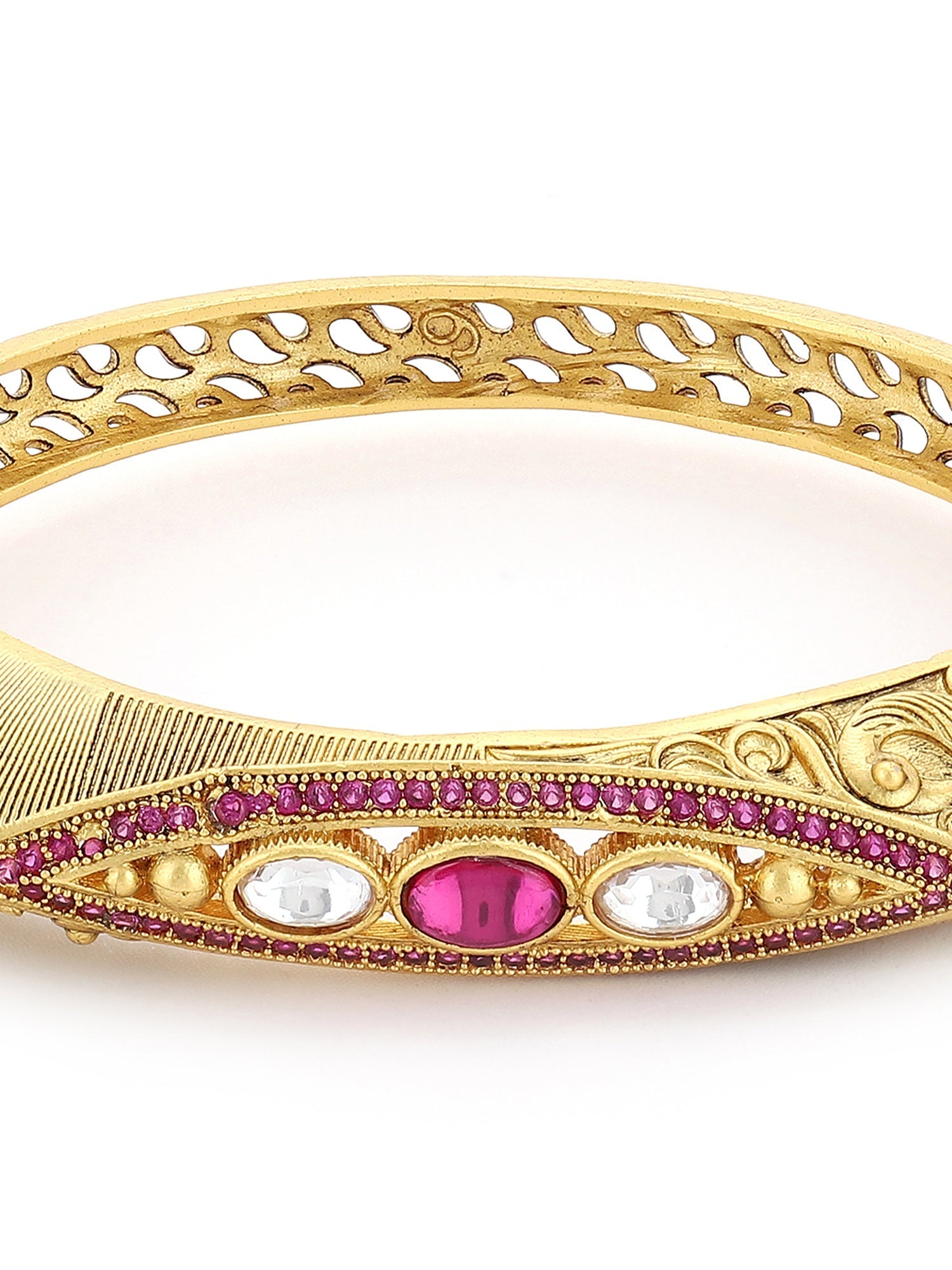 Women's Gold-Toned Pink Brass Kundan Handcrafted Gold-Polished Kada Bracelet - Ruby Raang | Grocsy