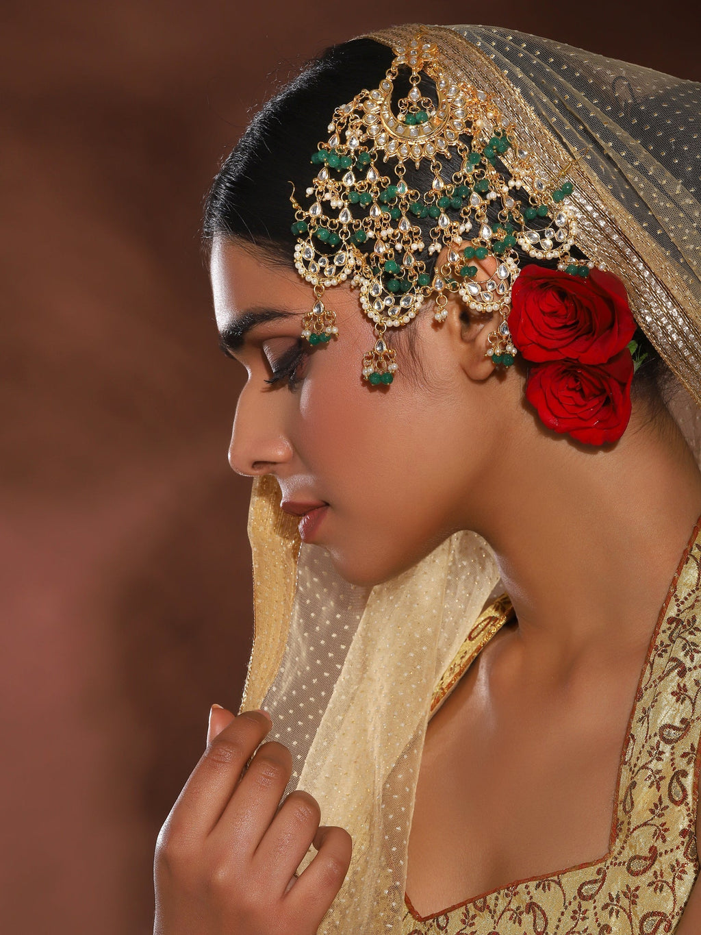 Gold-Polished White Green Kundan-Studded Beaded Jhoomar Passa - Ruby Raang | Grocsy