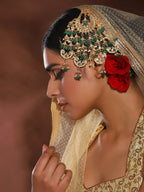 Gold-Polished White Green Kundan-Studded Beaded Jhoomar Passa - Ruby Raang | Grocsy