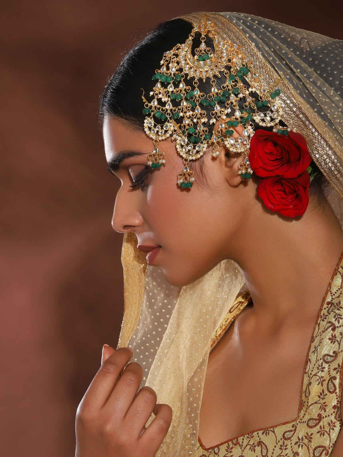 Gold-Polished White Green Kundan-Studded Beaded Jhoomar Passa - Ruby Raang | Grocsy