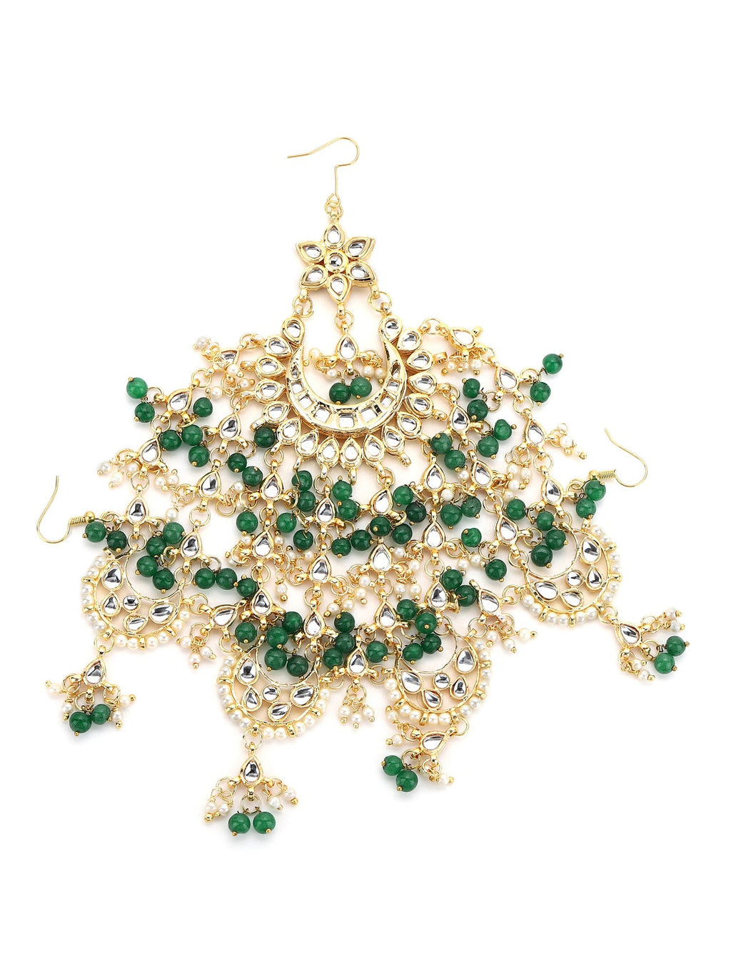 Gold-Polished White Green Kundan-Studded Beaded Jhoomar Passa - Ruby Raang | Grocsy