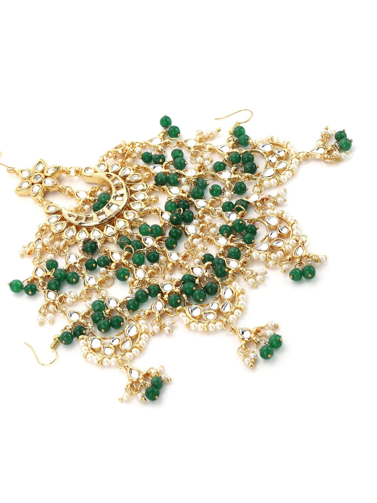 Gold-Polished White Green Kundan-Studded Beaded Jhoomar Passa - Ruby Raang | Grocsy