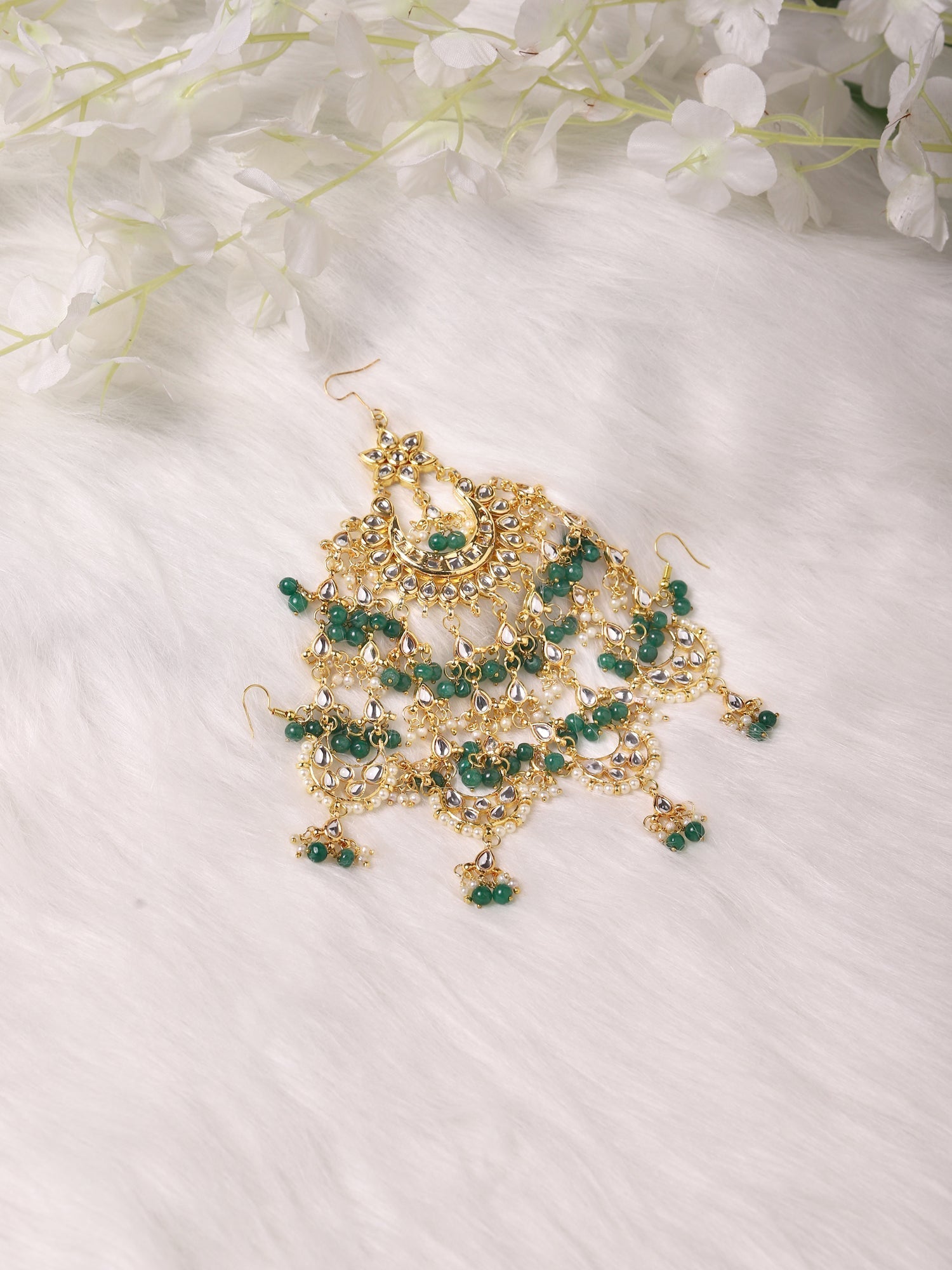 Gold-Polished White Green Kundan-Studded Beaded Jhoomar Passa - Ruby Raang | Grocsy