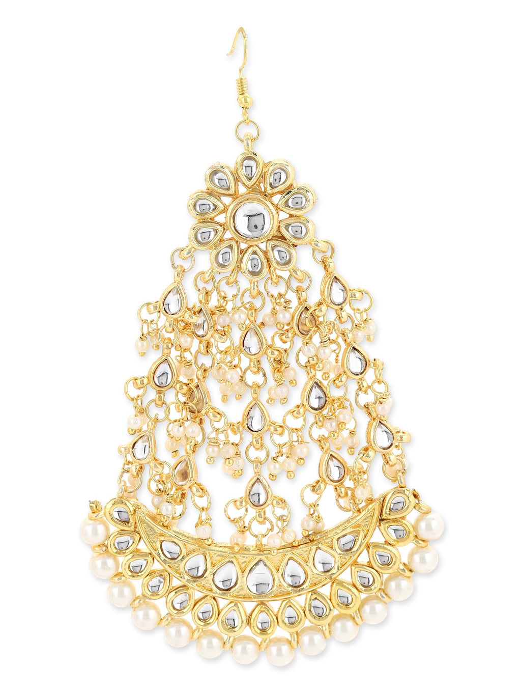 Gold-Polished White Kundan-Studded Beaded Handcrafted Jhumar Passa - Ruby Raang | Grocsy
