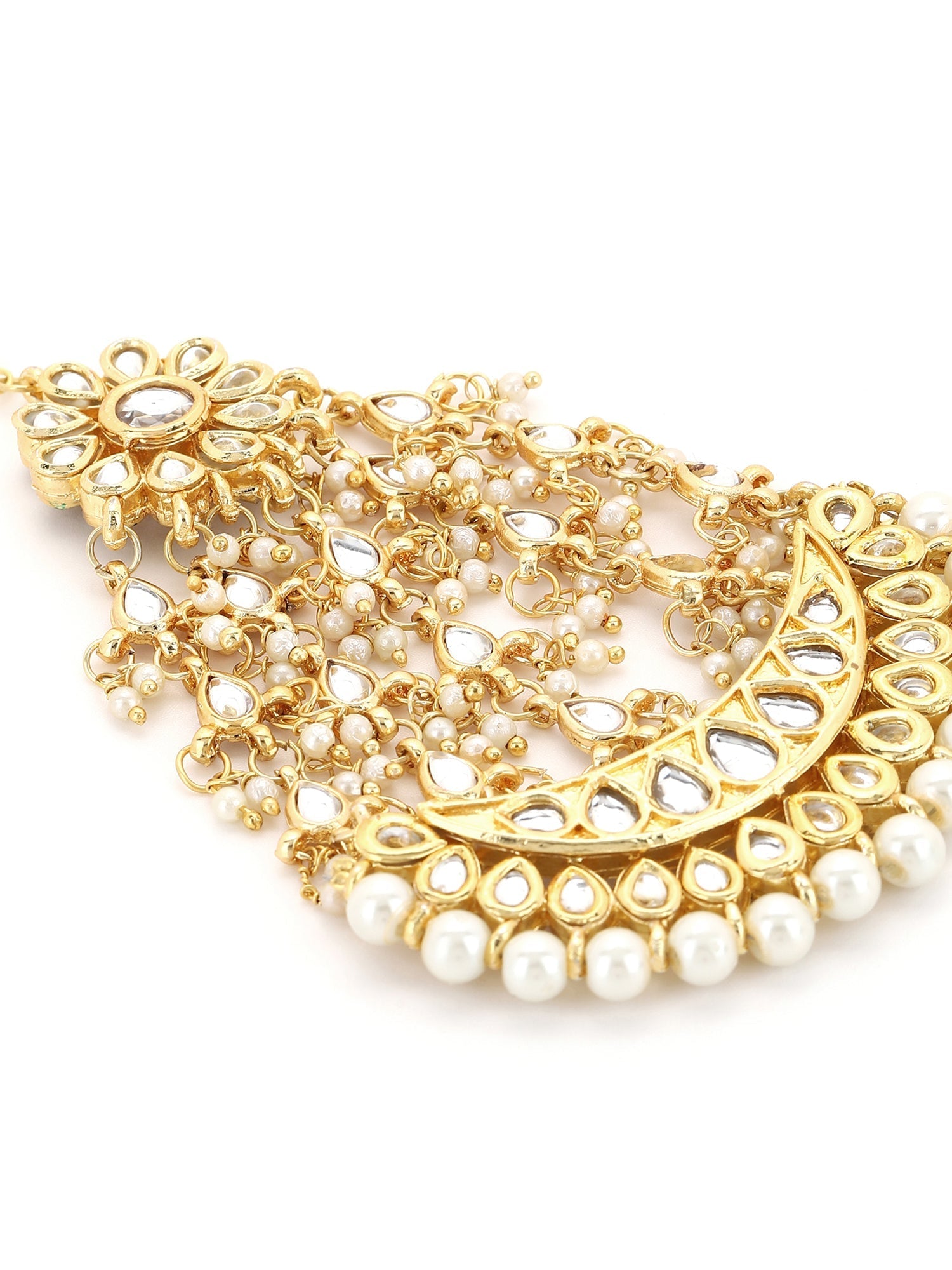 Gold-Polished White Kundan-Studded Beaded Handcrafted Jhumar Passa - Ruby Raang | Grocsy