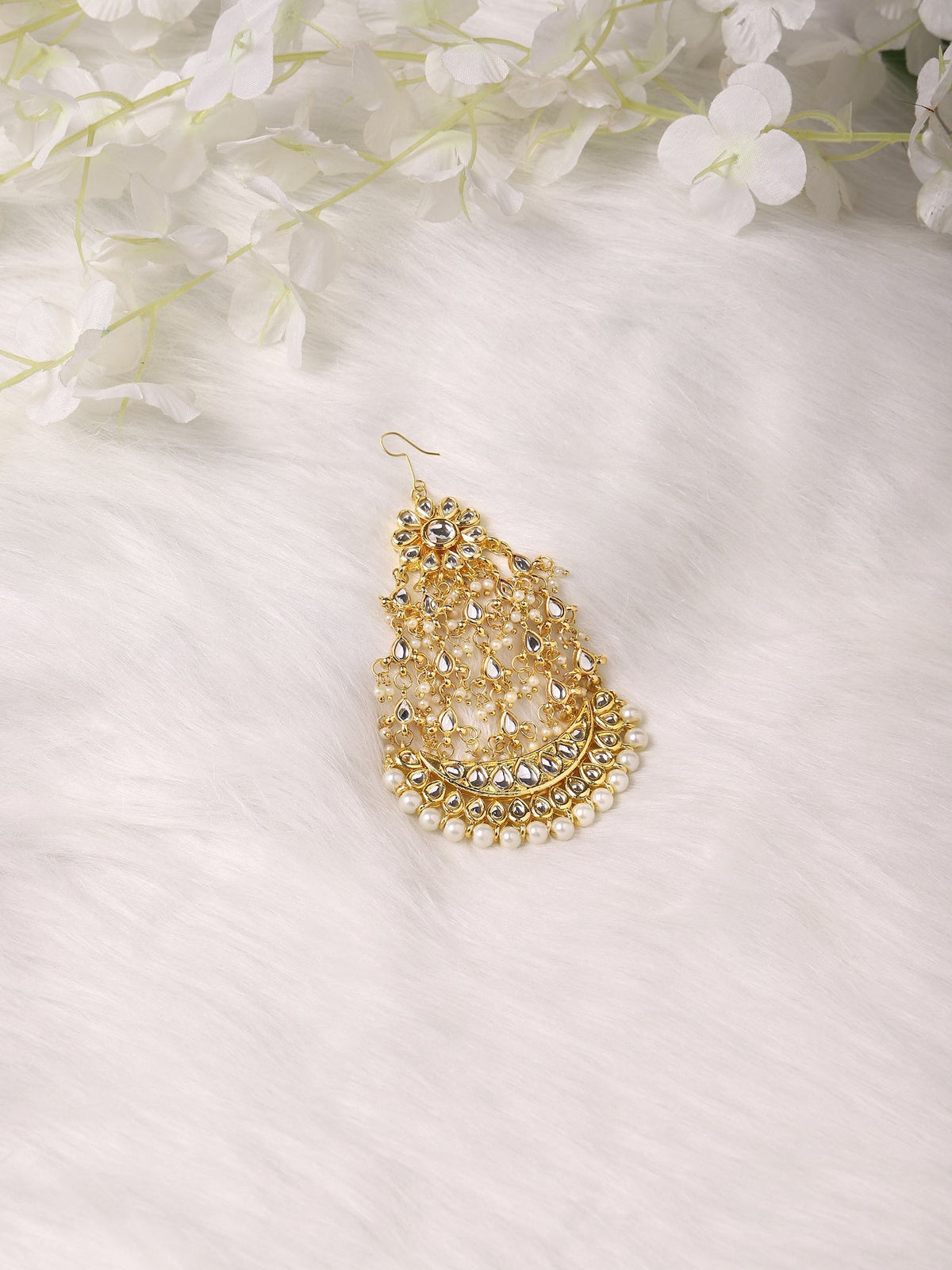 Gold-Polished White Kundan-Studded Beaded Handcrafted Jhumar Passa - Ruby Raang | Grocsy
