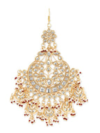 Women's Gold-Polished White Red Kundan-Studded Beaded Jhumar Passa - Ruby Raang | Grocsy