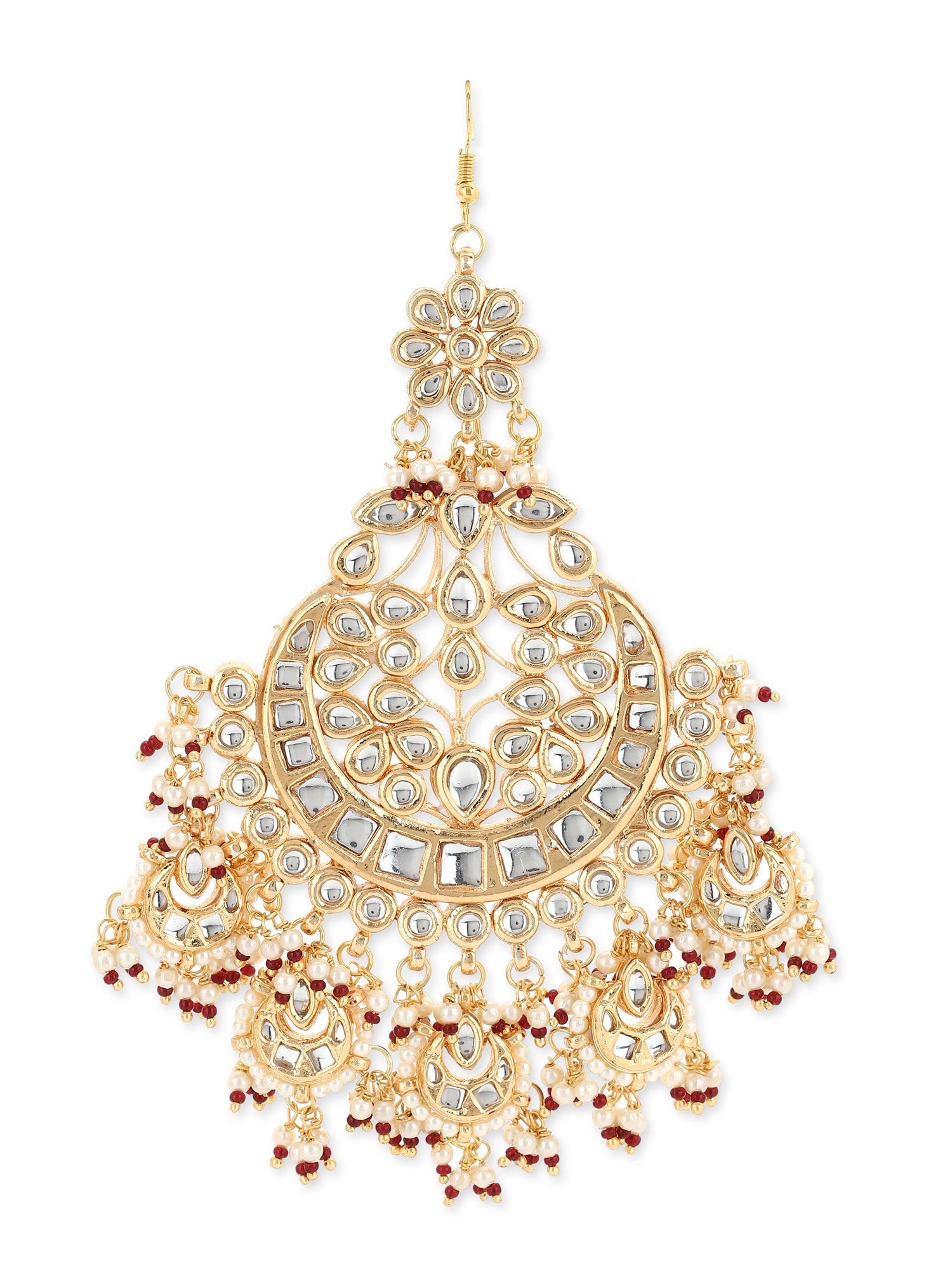 Women's Gold-Polished White Red Kundan-Studded Beaded Jhumar Passa - Ruby Raang | Grocsy