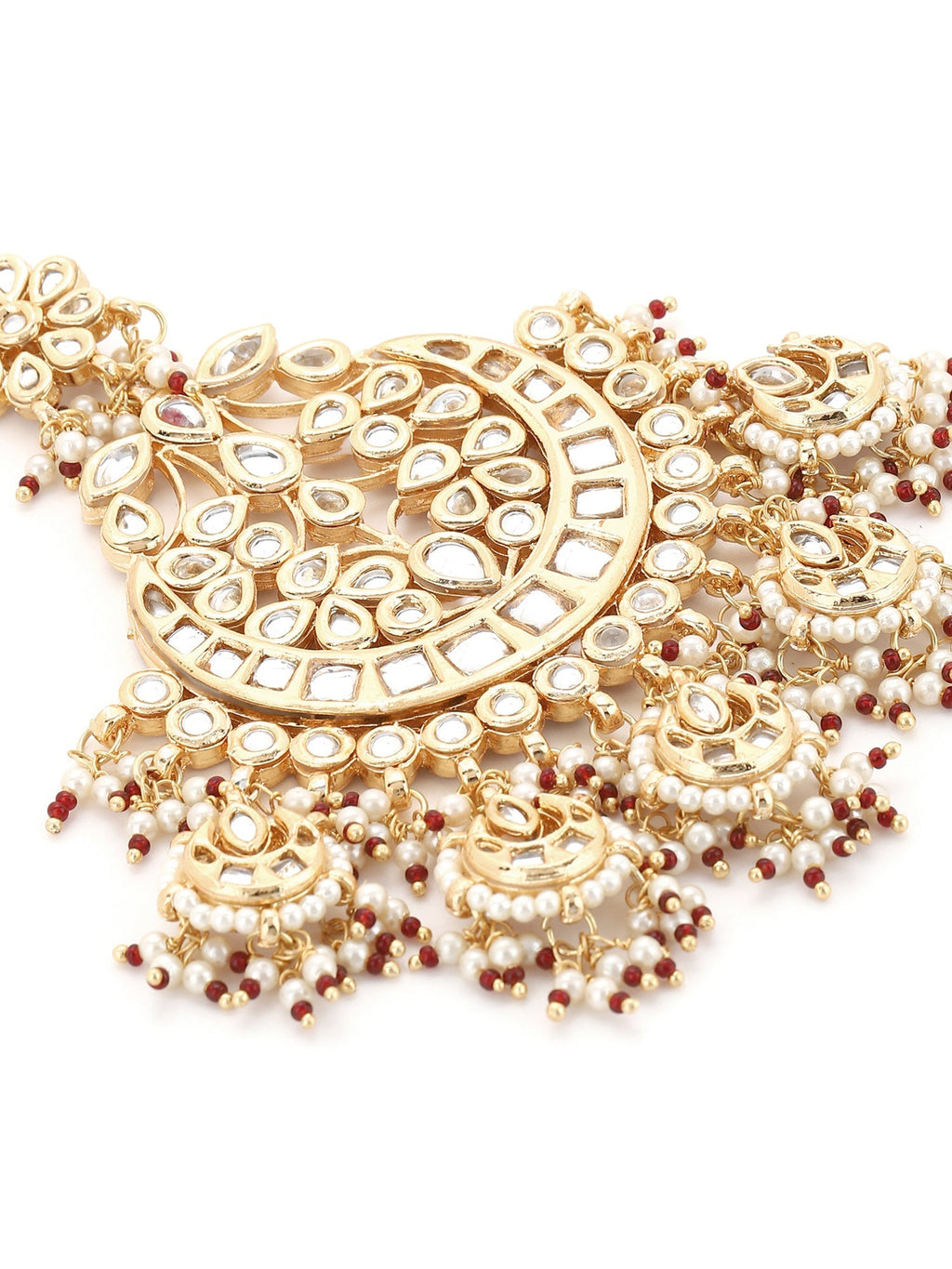 Women's Gold-Polished White Red Kundan-Studded Beaded Jhumar Passa - Ruby Raang | Grocsy