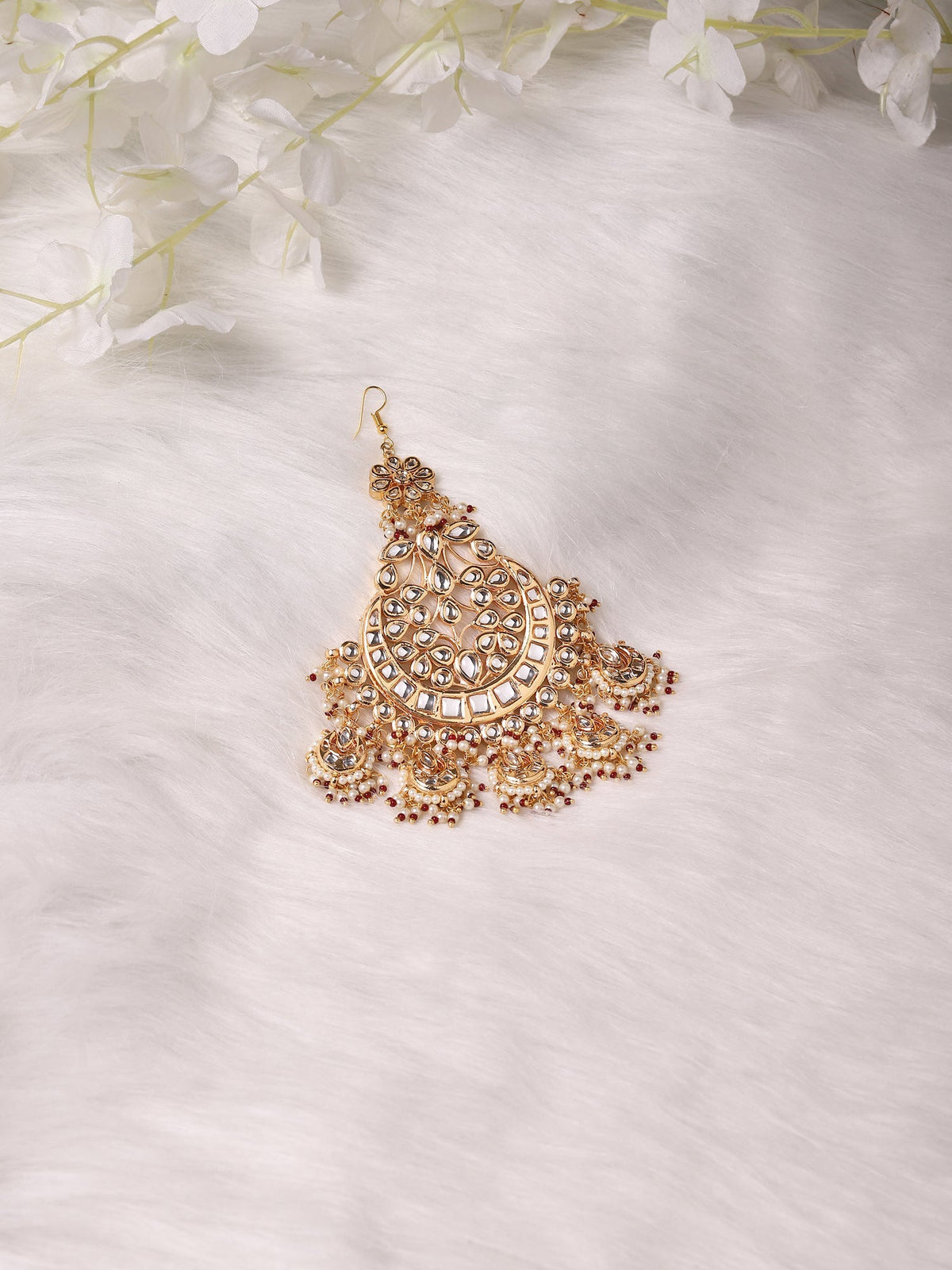 Women's Gold-Polished White Red Kundan-Studded Beaded Jhumar Passa - Ruby Raang | Grocsy
