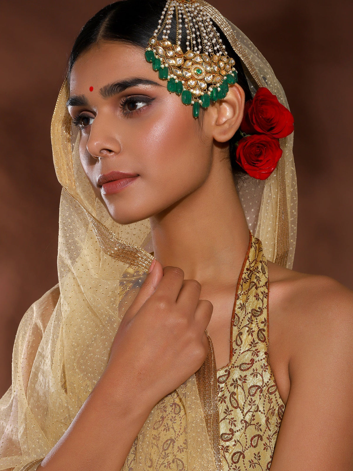 Gold-Polished Green White Kundan Studded Jhoomar Passa - Ruby Raang | Grocsy