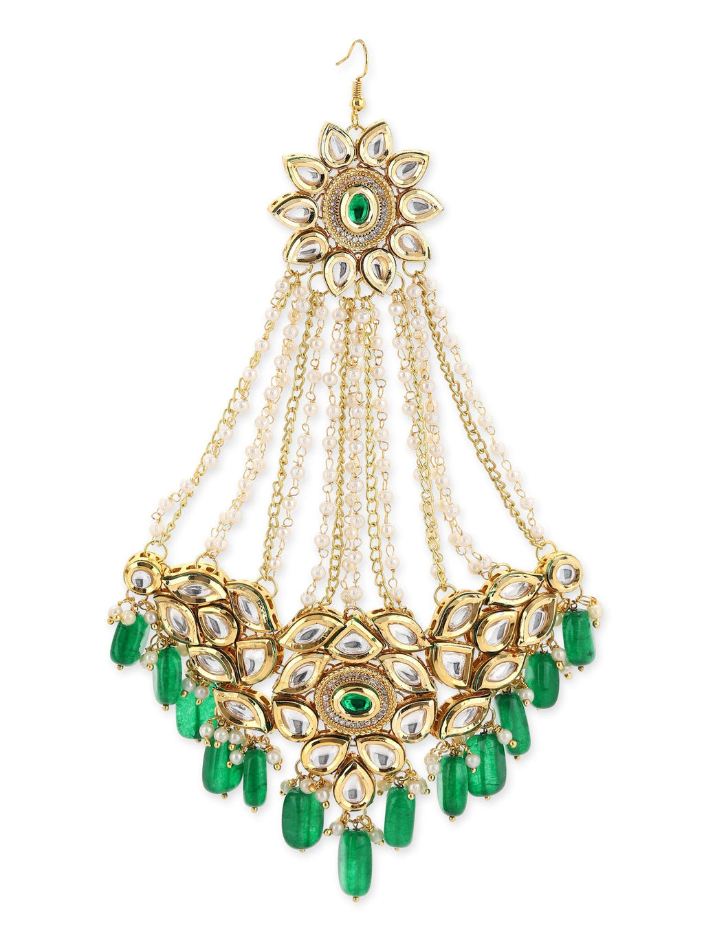 Gold-Polished Green White Kundan Studded Jhoomar Passa - Ruby Raang | Grocsy