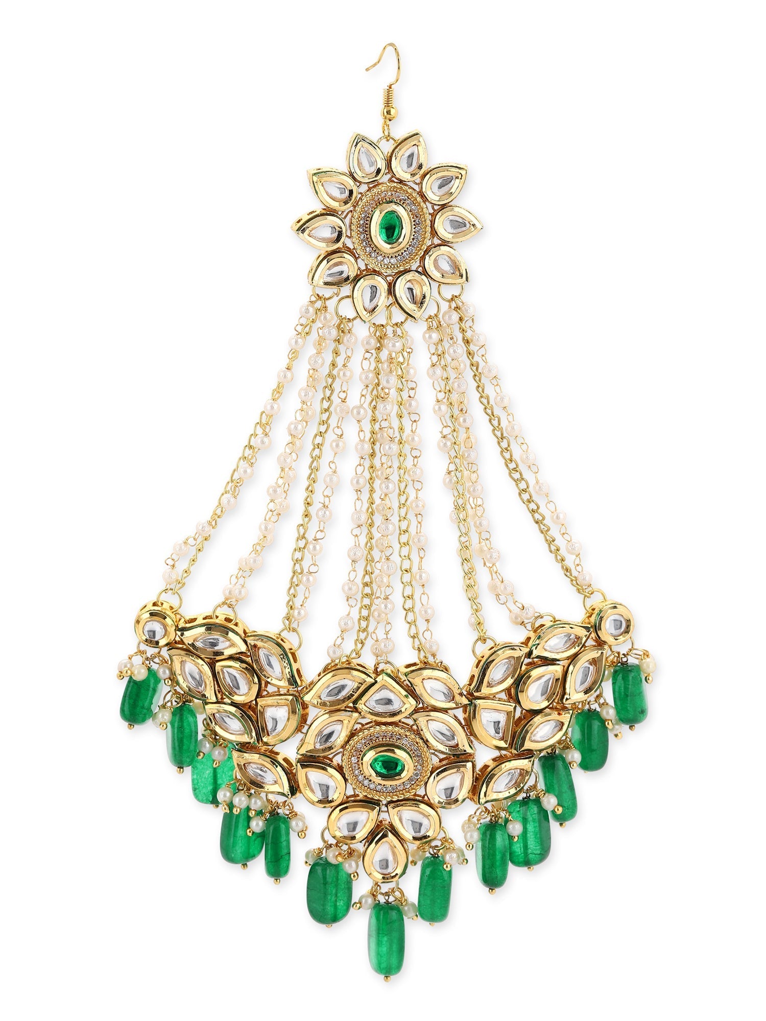 Gold-Polished Green White Kundan Studded Jhoomar Passa - Ruby Raang | Grocsy