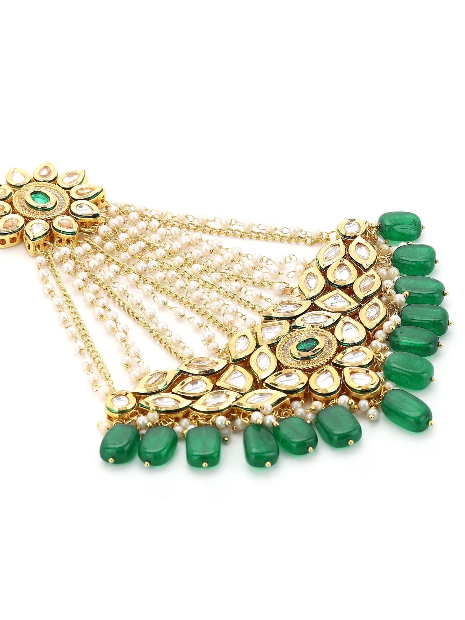 Gold-Polished Green White Kundan Studded Jhoomar Passa - Ruby Raang | Grocsy