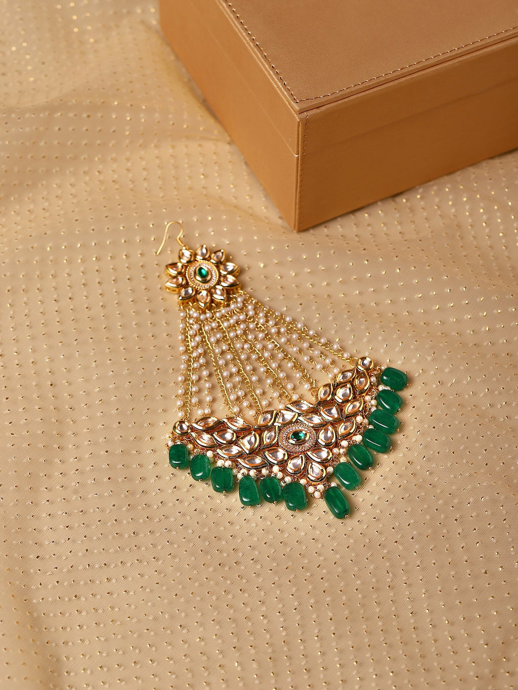 Gold-Polished Green White Kundan Studded Jhoomar Passa - Ruby Raang | Grocsy