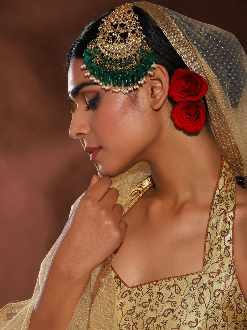 Gold-Polished Green White Kundan-Studded Jhumar Passa - Ruby Raang | Grocsy