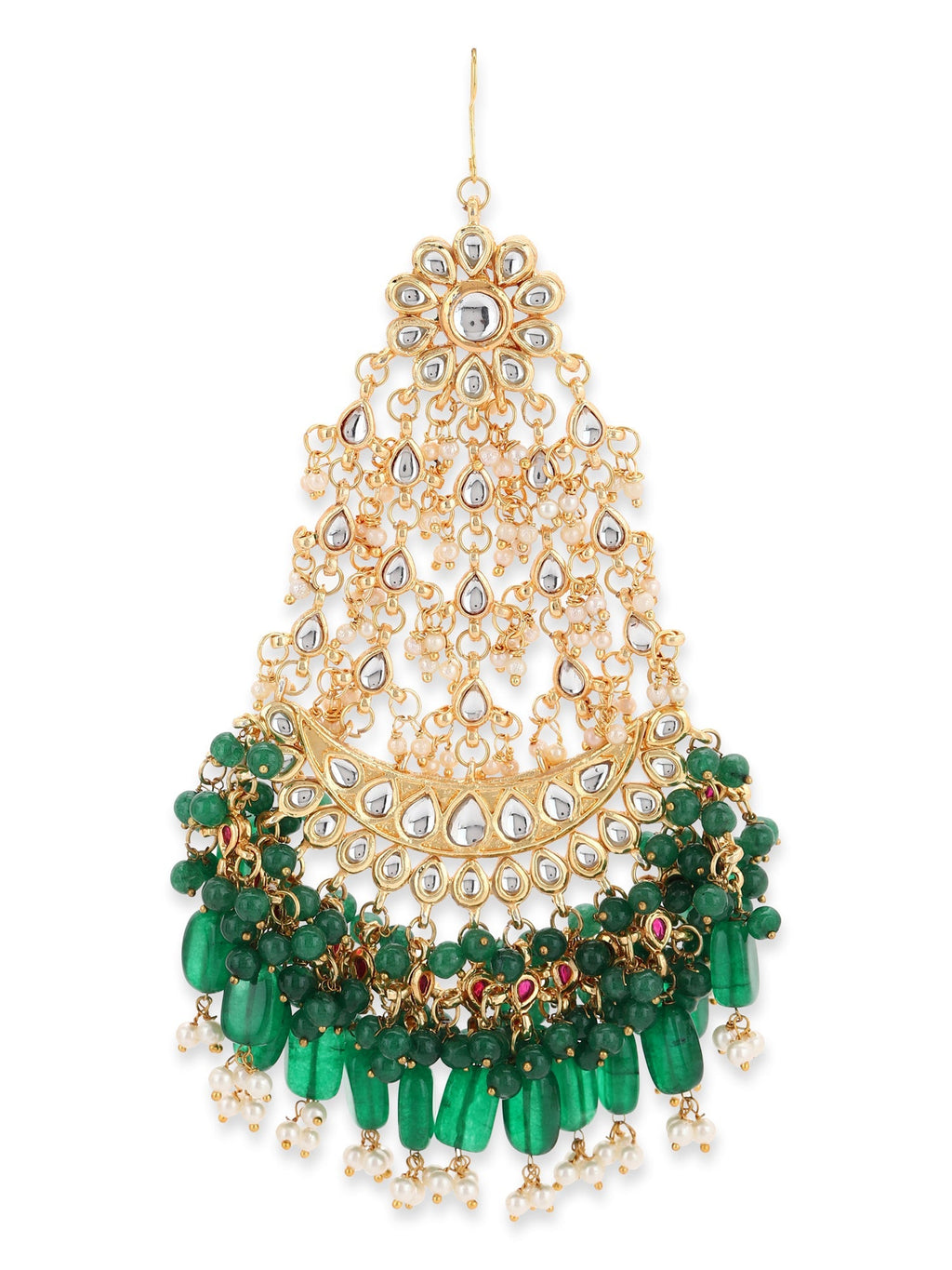 Gold-Polished Green White Kundan-Studded Jhumar Passa - Ruby Raang | Grocsy