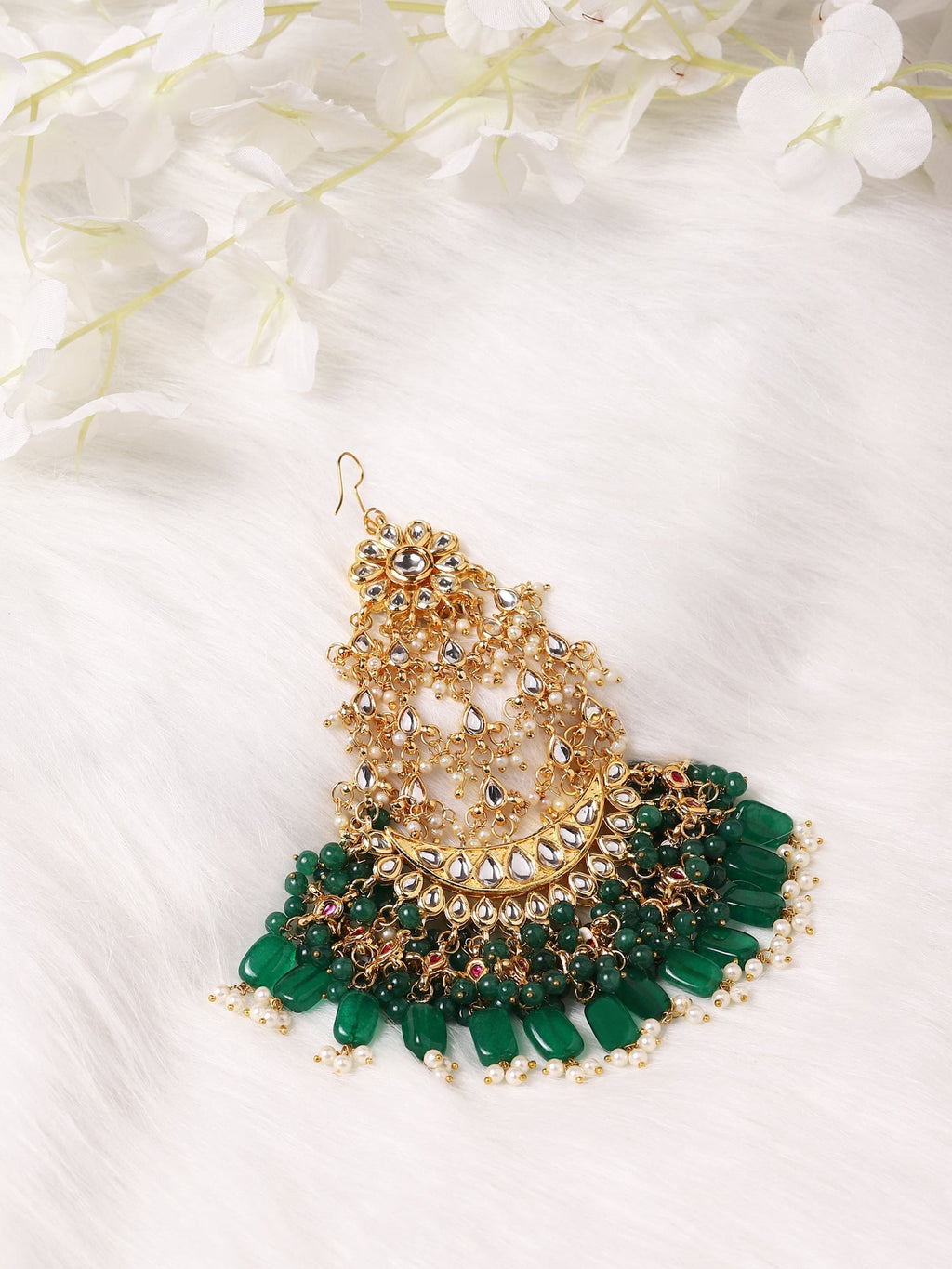 Gold-Polished Green White Kundan-Studded Jhumar Passa - Ruby Raang | Grocsy