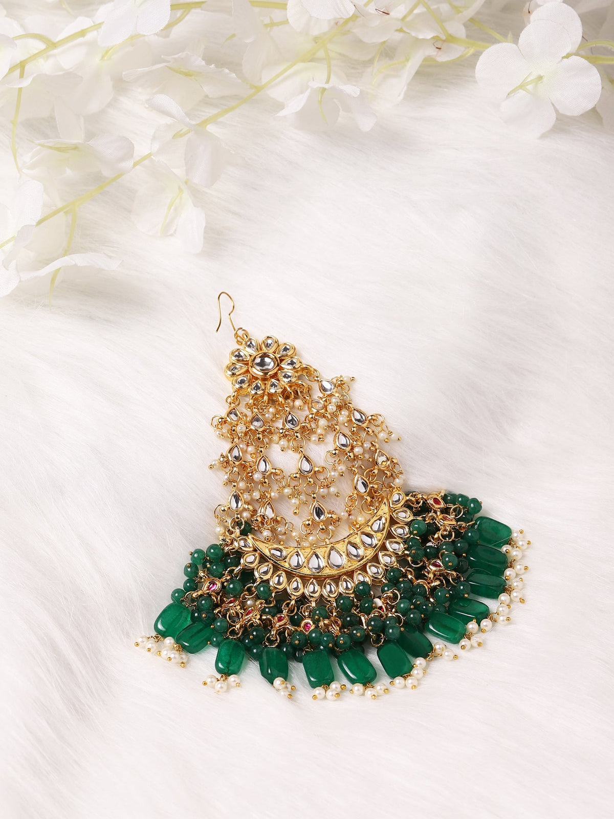 Gold-Polished Green White Kundan-Studded Jhumar Passa - Ruby Raang | Grocsy