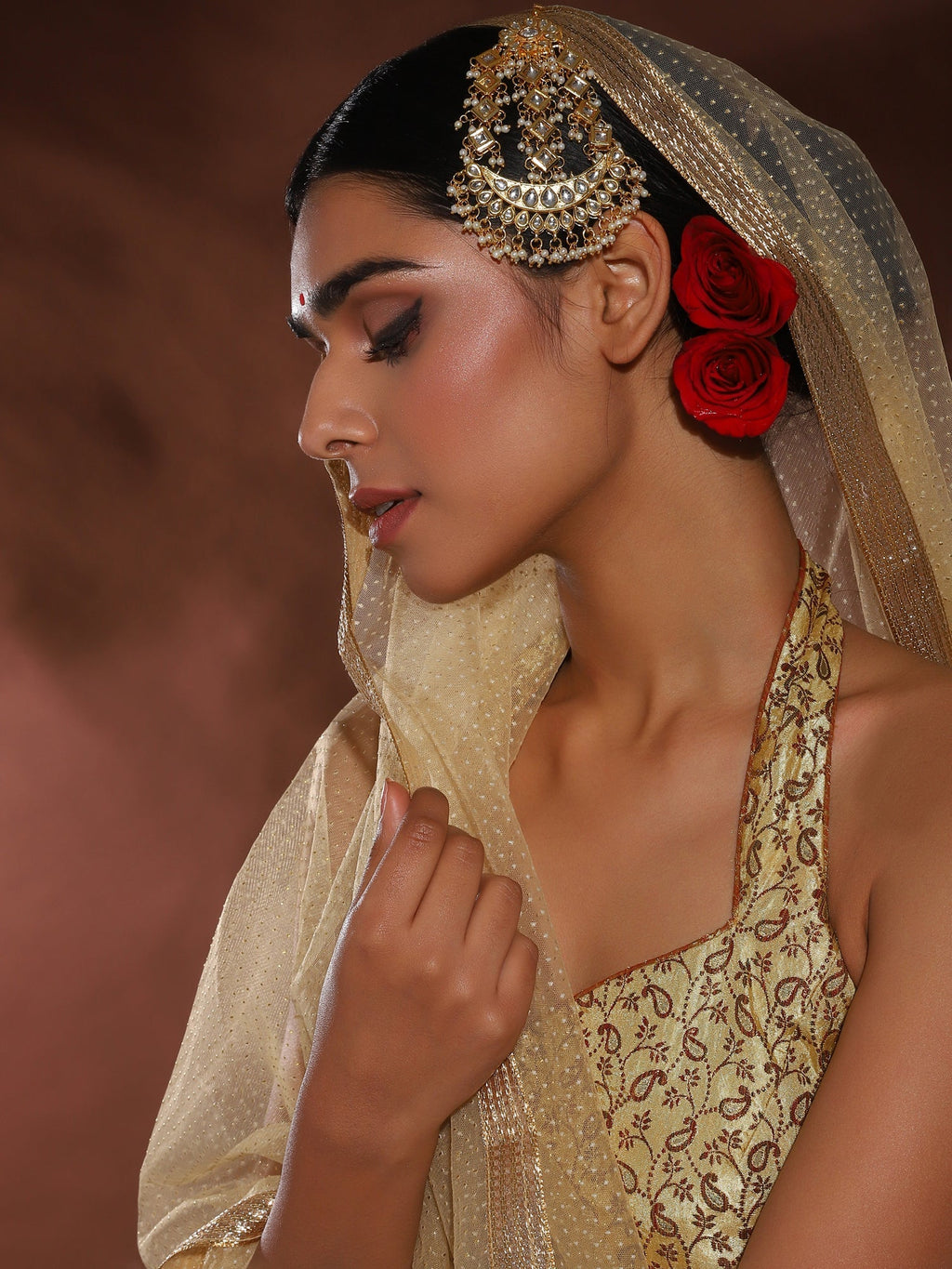 Gold-Polished White Gold Kundan-Studded Beaded Jhoomar Passa - Ruby Raang | Grocsy