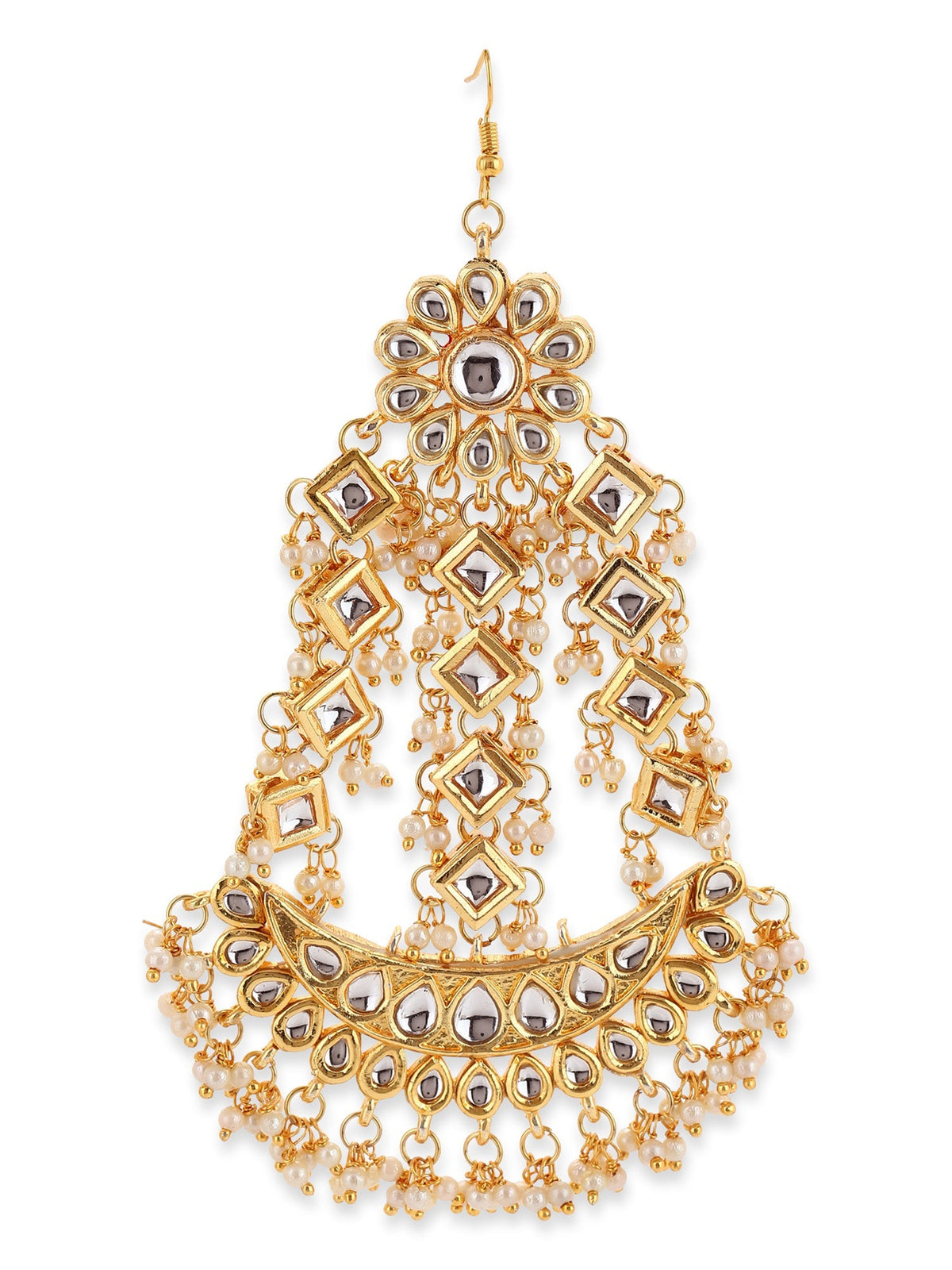 Gold-Polished White Gold Kundan-Studded Beaded Jhoomar Passa - Ruby Raang | Grocsy