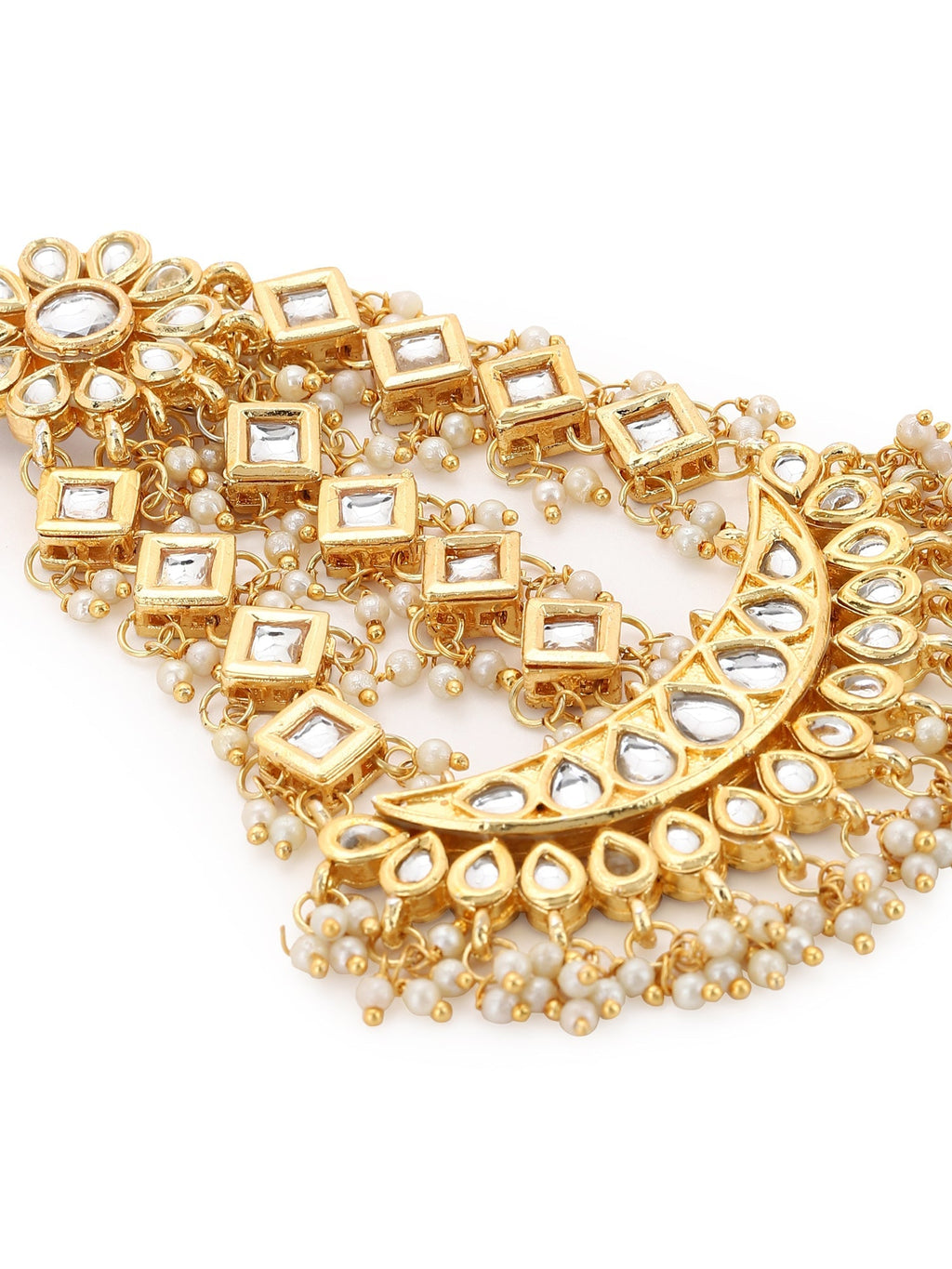 Gold-Polished White Gold Kundan-Studded Beaded Jhoomar Passa - Ruby Raang | Grocsy
