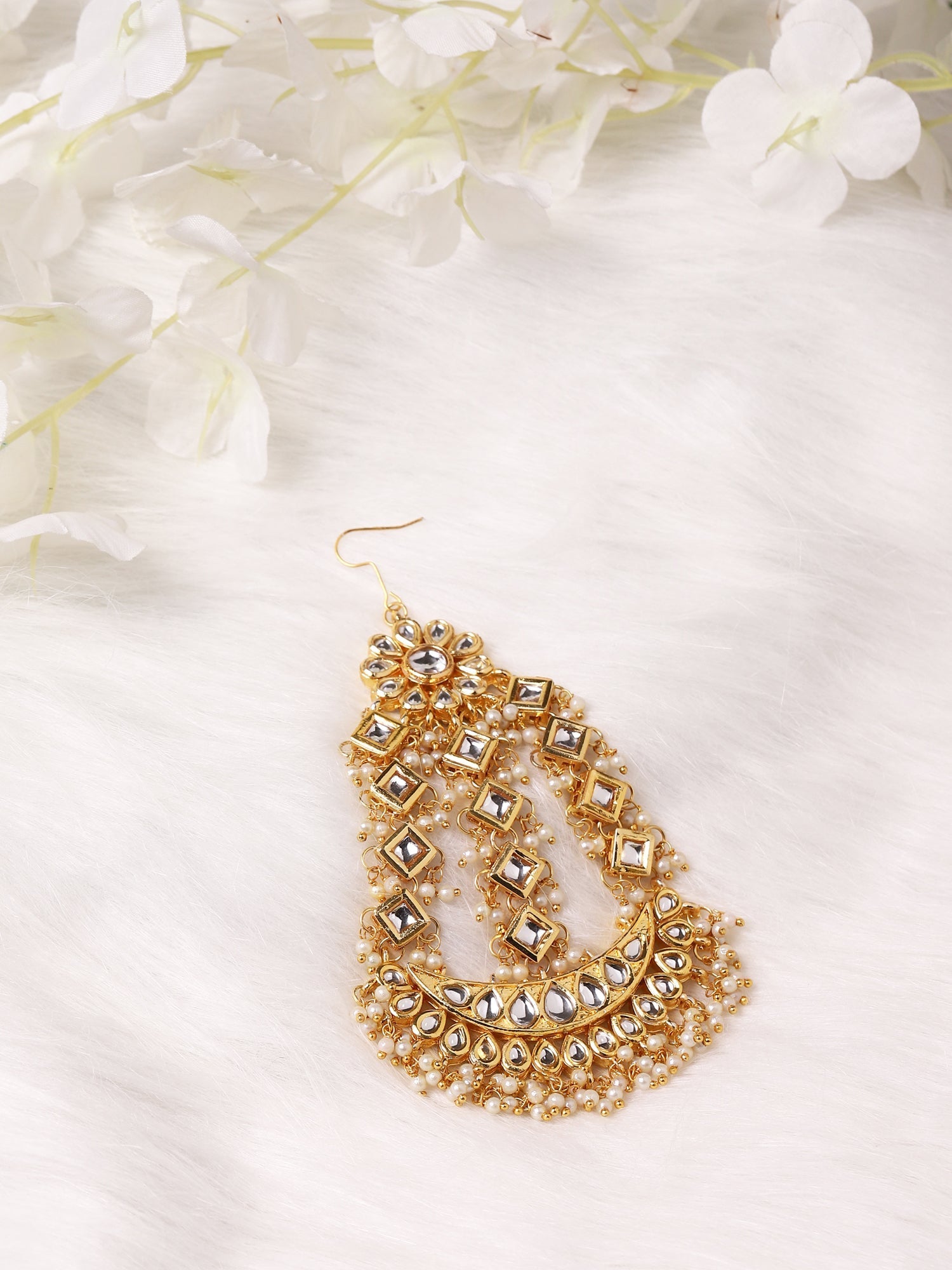 Gold-Polished White Gold Kundan-Studded Beaded Jhoomar Passa - Ruby Raang | Grocsy