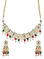 Gold-Polished Green White Kundan Stone-Studded Pearl-Beaded Jewellery Set - Ruby Raang