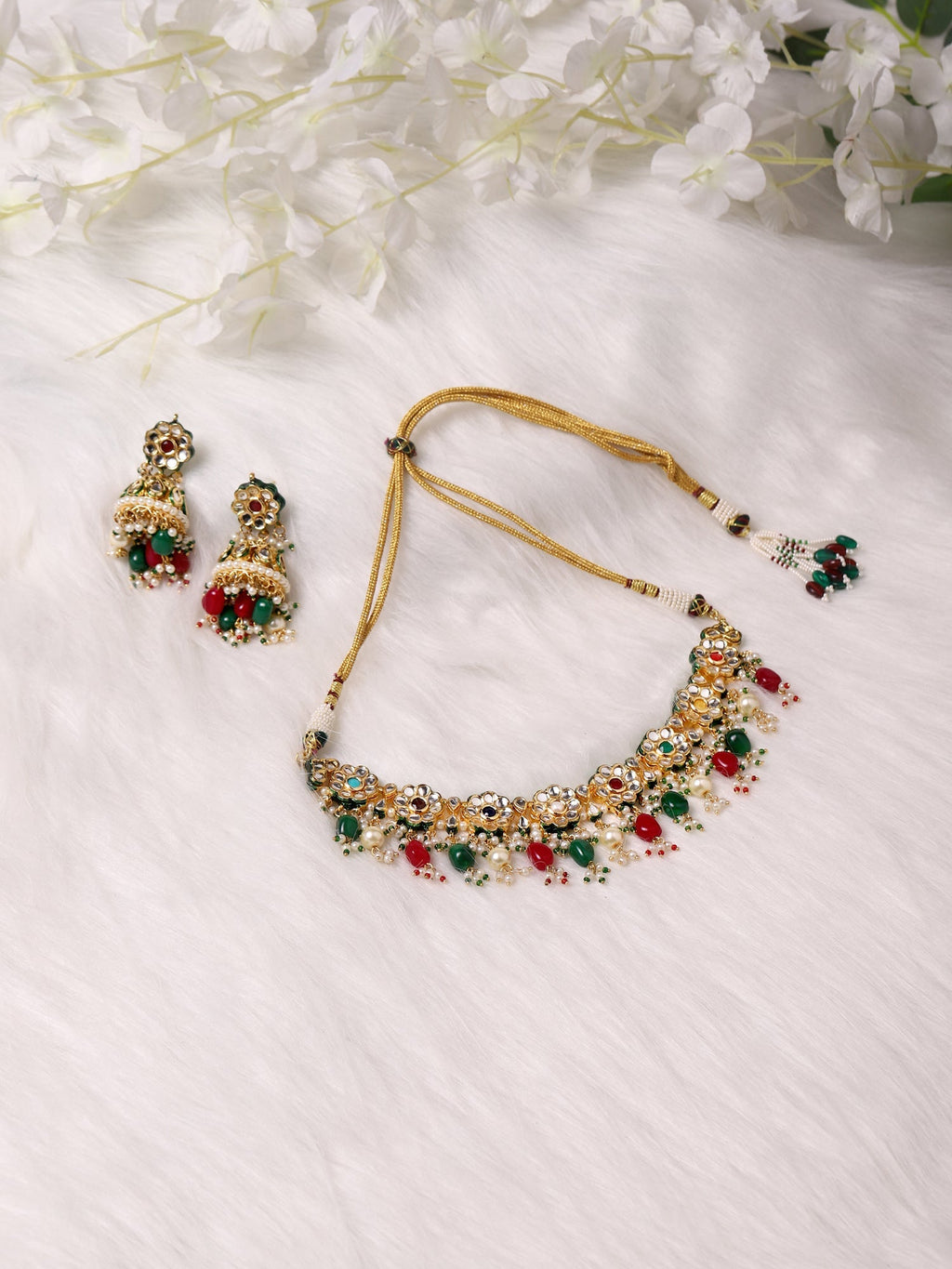 Gold-Polished Green White Kundan Stone-Studded Pearl-Beaded Jewellery Set - Ruby Raang