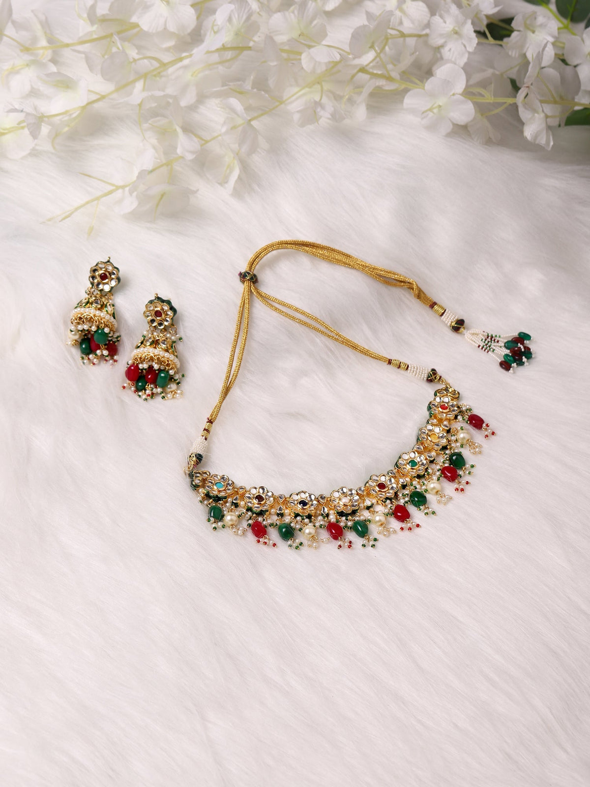 Gold-Polished Green White Kundan Stone-Studded Pearl-Beaded Jewellery Set - Ruby Raang