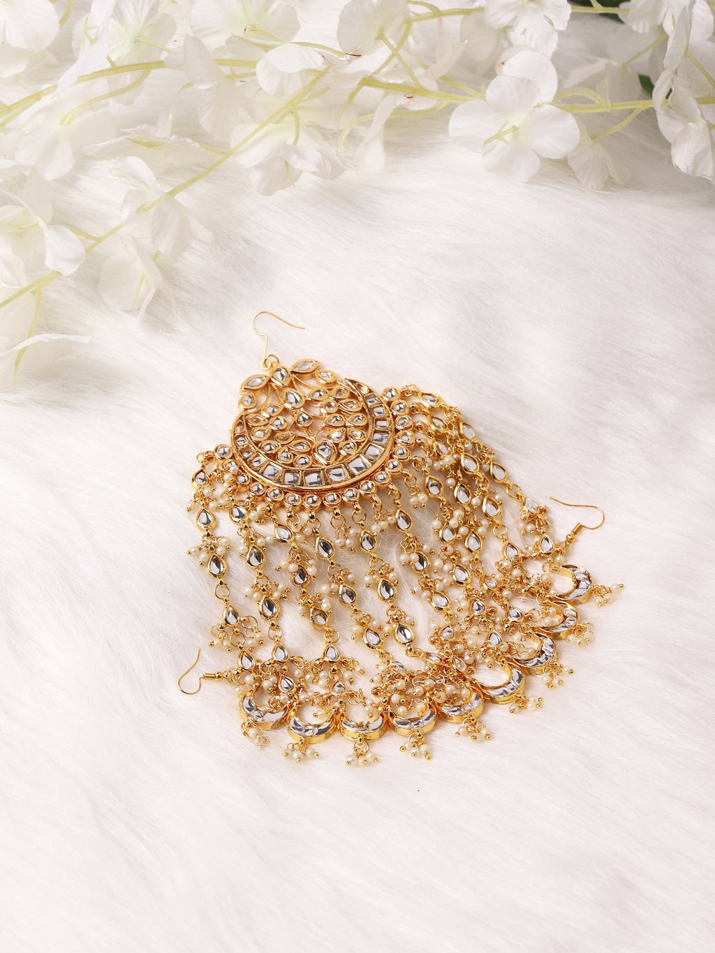 Gold-Polished White Kundan Jhoomarpassa - Ruby Raang | Grocsy